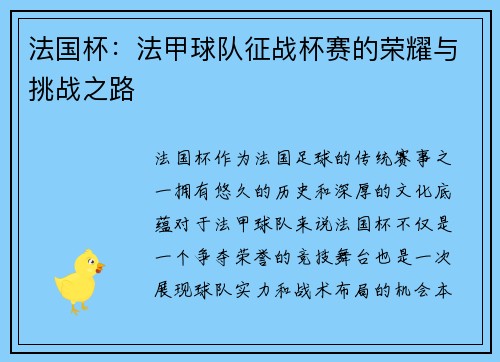 法国杯：法甲球队征战杯赛的荣耀与挑战之路